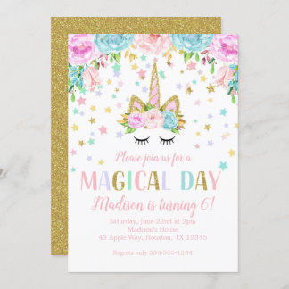 Unicorn Birthday Party Gold Glitter Flowers Stars Invitation
