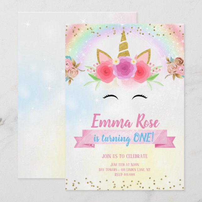 Unicorn Birthday Party Gold Glitter Invitation (Front/Back)