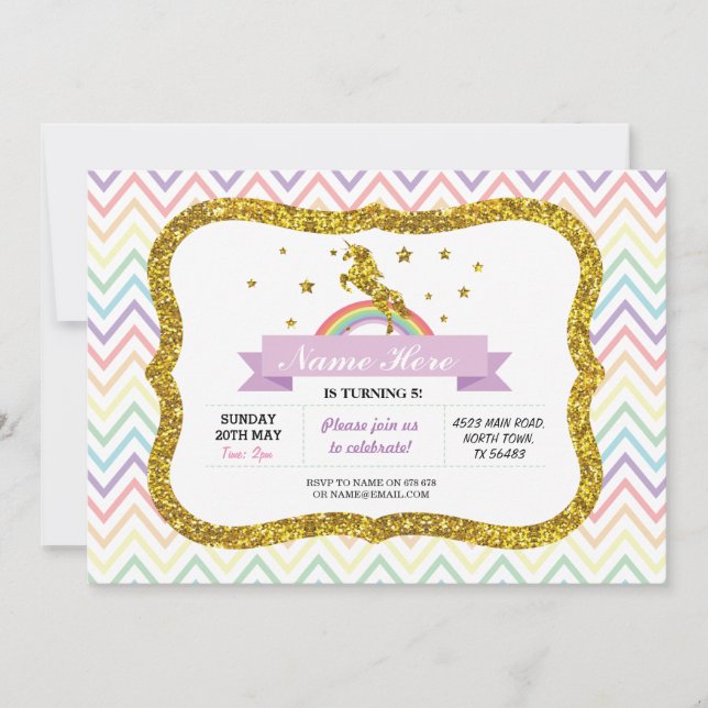 Unicorn Birthday Party Gold Glitter Rainbow Invite (Front)