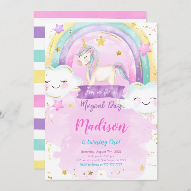 Unicorn Birthday Party Invitation (Front/Back)