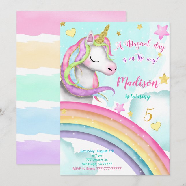 Unicorn Birthday Party Invitation (Front/Back)