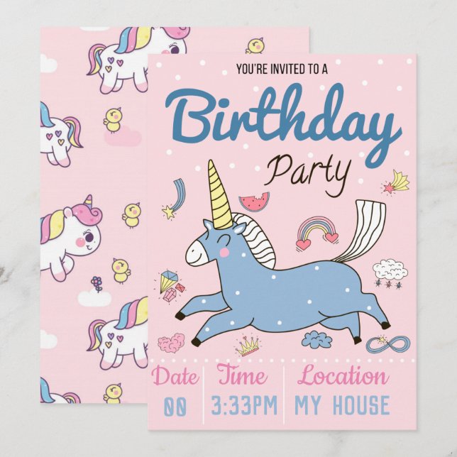 Unicorn Birthday Party Invitation (Front/Back)