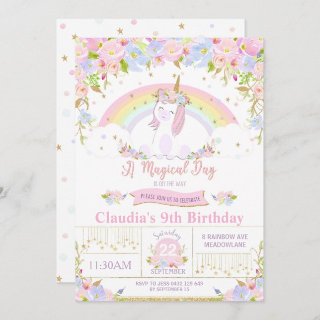 Unicorn Birthday Party Invitation Floral Rainbow (Front/Back)