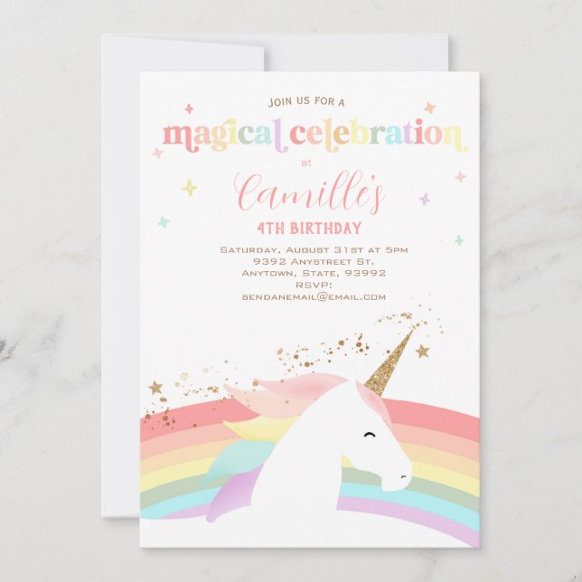 Unicorn birthday party invitation rainbow modern (Front)