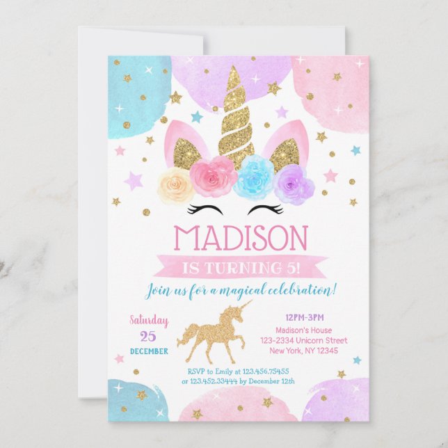 Unicorn Birthday Party Invitations 1st 2nd 3rd (Front)