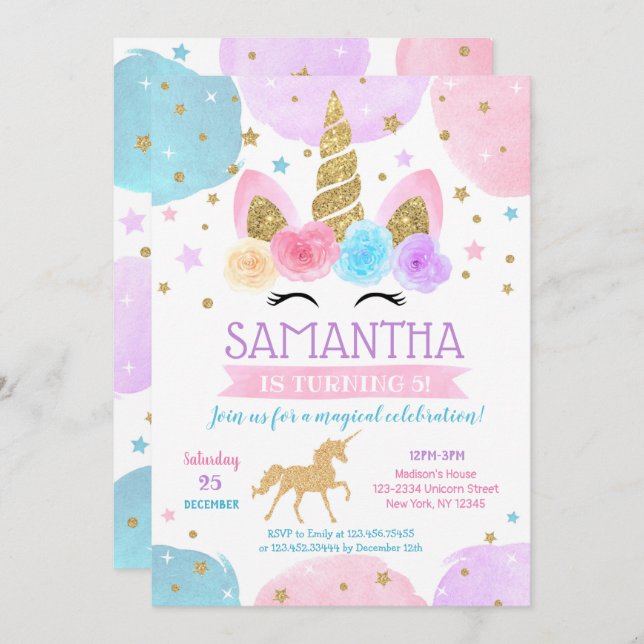 Unicorn Birthday Party Invitations Rainbow (Front/Back)