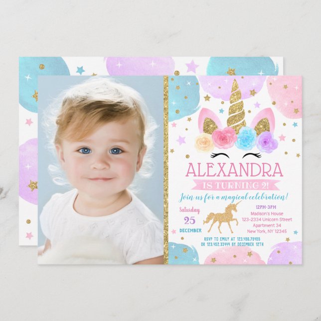 Unicorn Birthday Party Invitations with Photo  (Front/Back)