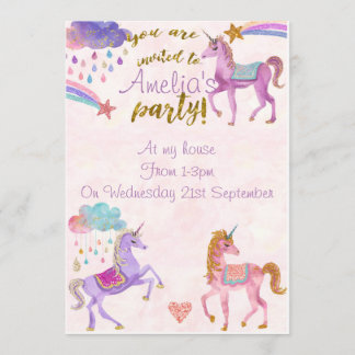 Unicorn birthday party invites or invitations