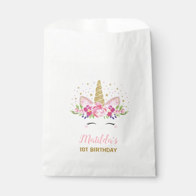 Unicorn Birthday Party Magical Rainbow Floral Favour Bag (Front)