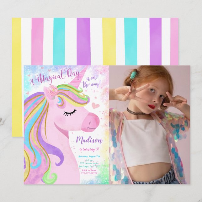 Unicorn Birthday Party Photo Invitation (Front/Back)