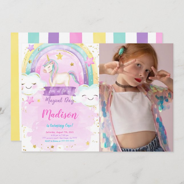 Unicorn Birthday Party Photo Invitation (Front/Back)