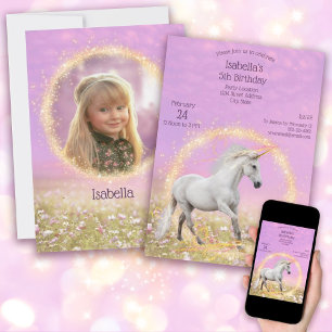 Unicorn Birthday Party Pink and Lavender + Photo Invitation