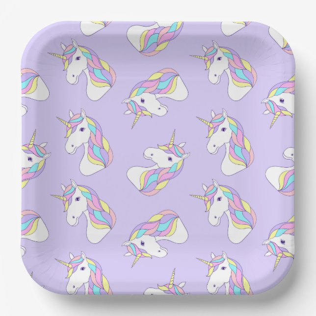 Unicorn Birthday Party Purple Paper Plate (Front)