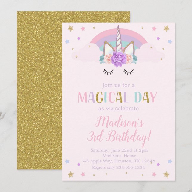 Unicorn Birthday Party Rainbow Flowers Invitation (Front/Back)