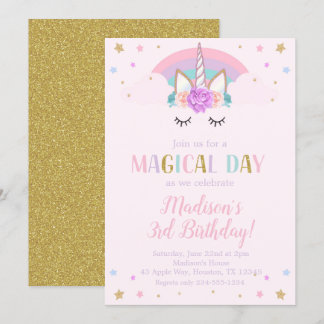 Unicorn Birthday Party Rainbow Flowers Invitation