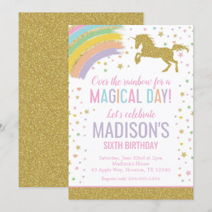 Unicorn Birthday Party Rainbow Gold Glitter Invitation