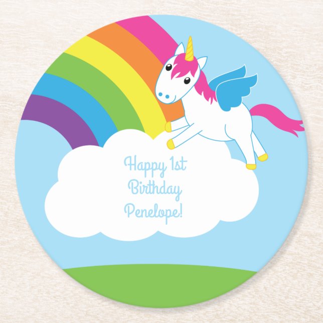 Unicorn Birthday Party Round Paper Coaster (Front)