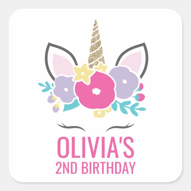 Unicorn Birthday Party Sticker rainbow floral (Front)