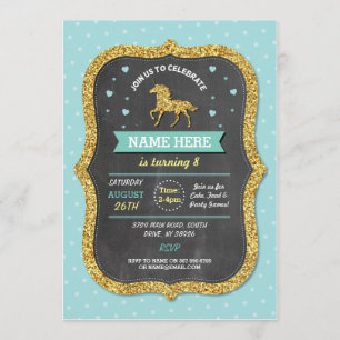 Unicorn Birthday Party Teal Gold Glitter Invite