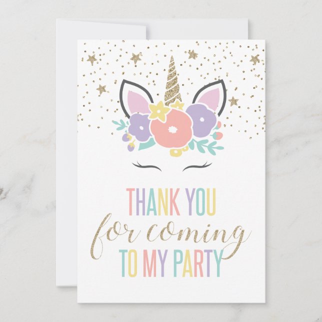 Unicorn birthday party thank you card (Front)