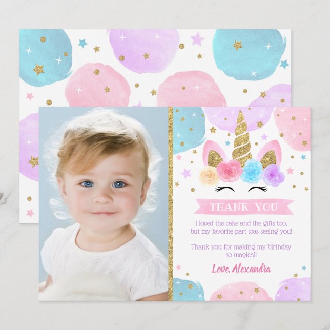 Unicorn Birthday Party Thank You Cards with Photo  (Front/Back)