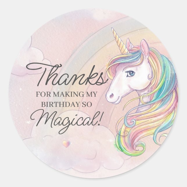 Unicorn birthday party thank you favour classic round sticker (Front)