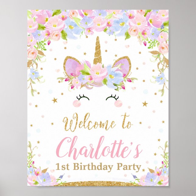 Unicorn Birthday Party Welcome Sign Poster Decor (Front)