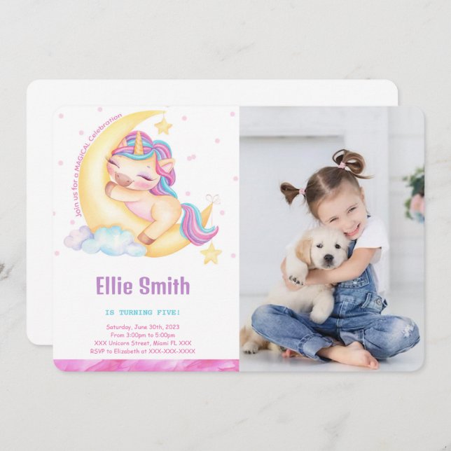 Unicorn Birthday Photo Invitation (Front/Back)
