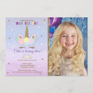 Unicorn Birthday Photo Invitation Pink Purple Gold