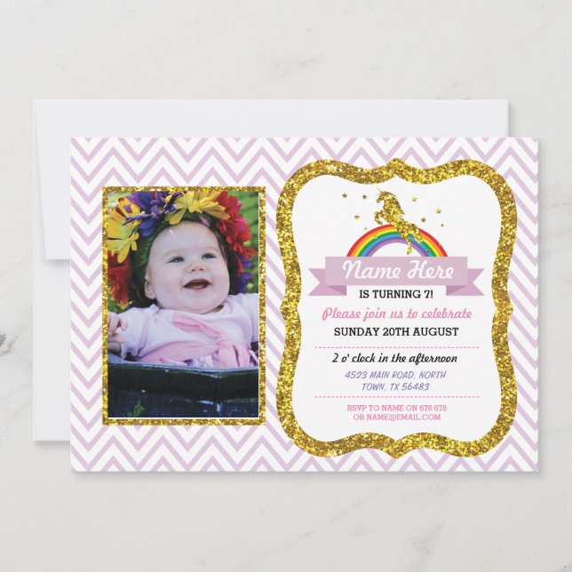 Unicorn Birthday Photo Party Invite Gold glitter (Front)