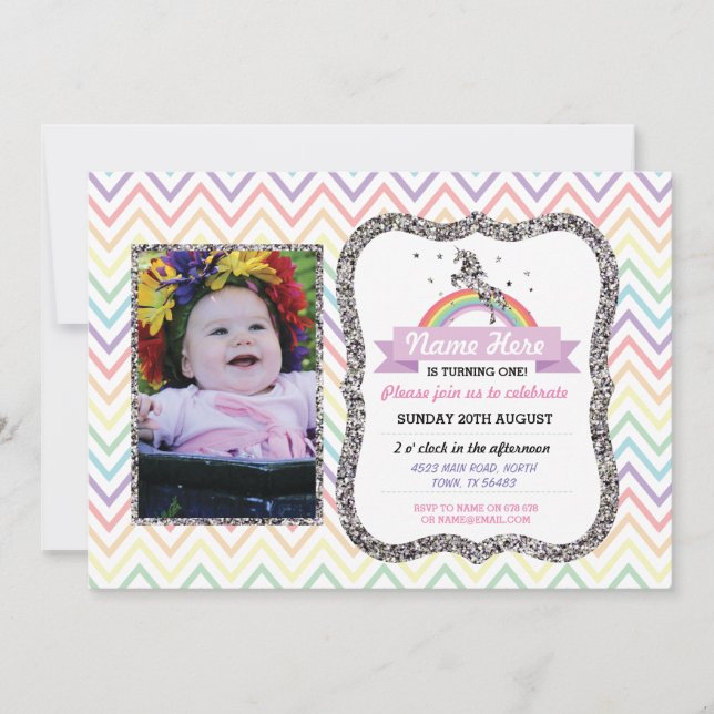 Unicorn Birthday Photo Party Invite Silver Glitter (Front)