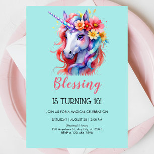 Unicorn birthday pink beautiful floral invitation