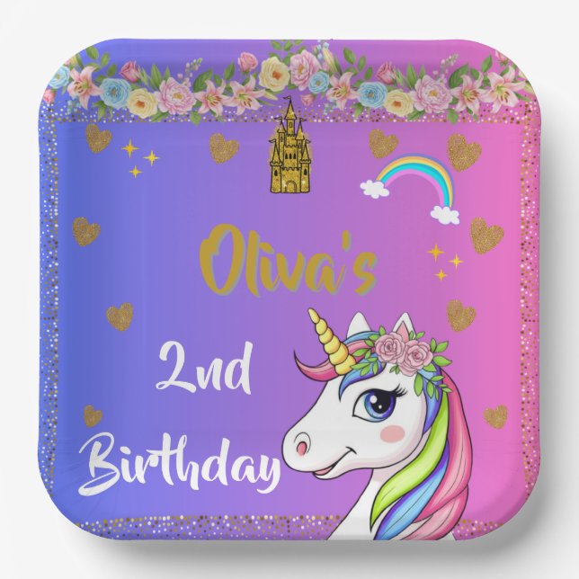 Unicorn Birthday Plates | Rainbow Unicorn Party (Front)