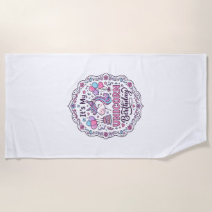 Unicorn Birthday Queen of Unicorn Land Trendy Grap Beach Towel