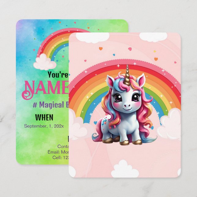 Unicorn Birthday Rainbow Invitation, Flat Card (Front/Back)