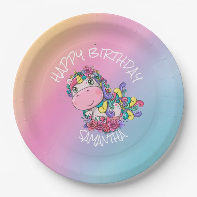 Unicorn Birthday Rainbow  Paper Plate (Front)