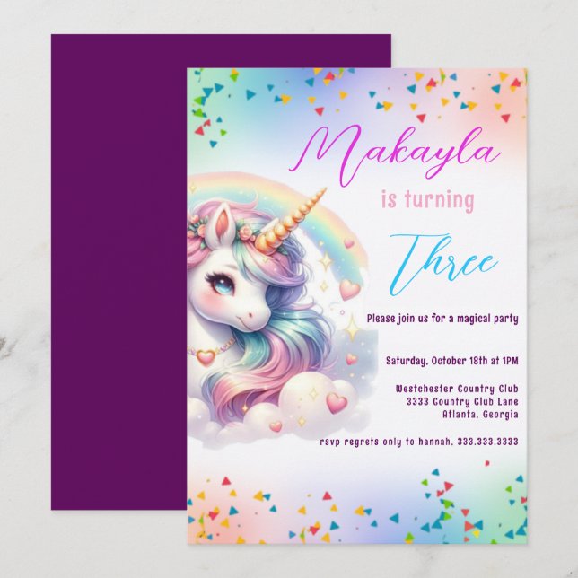 Unicorn Birthday Rainbow Party Customisable Invitation (Front/Back)