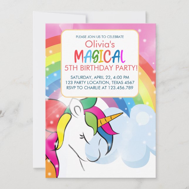 Unicorn Birthday Rainbow Party Magical Girl Party  Invitation (Front)