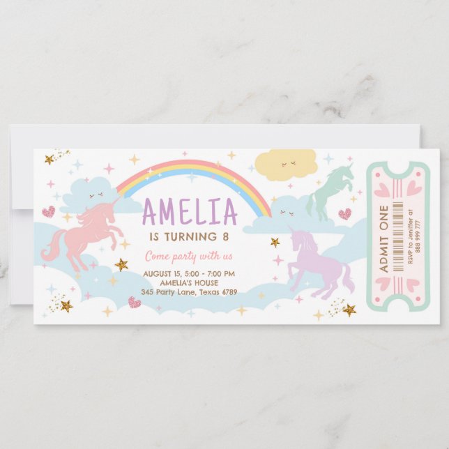 Unicorn Birthday Rainbow Pastel Magical Ticket Invitation (Front)