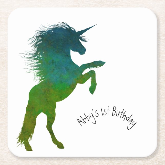 Unicorn, Birthday Square Paper Coaster (Front)