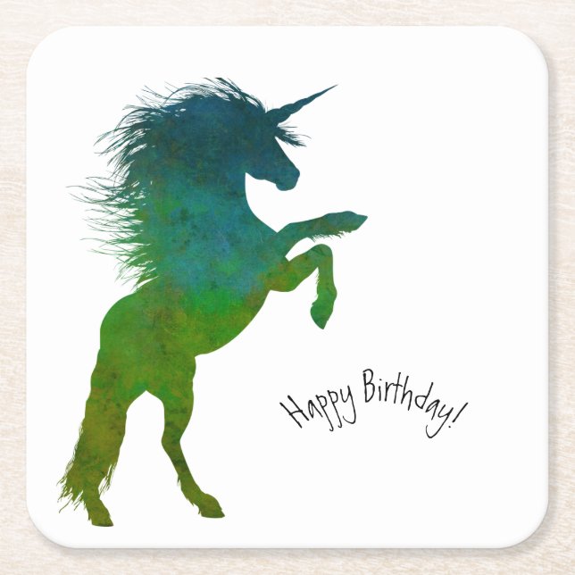 Unicorn, Birthday Square Paper Coaster (Front)