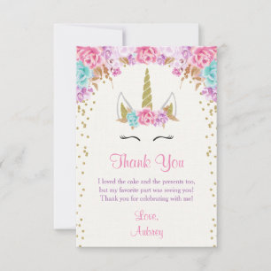 Unicorn birthday thank you card, pink and gold card