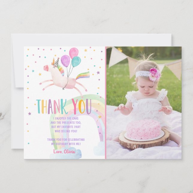 Unicorn Birthday Thank you card Pink Magical (Front)