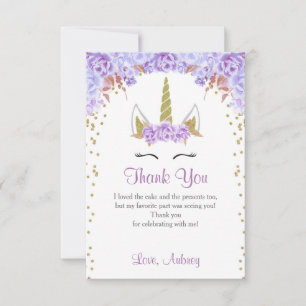 Unicorn birthday thank you card, purple and gold