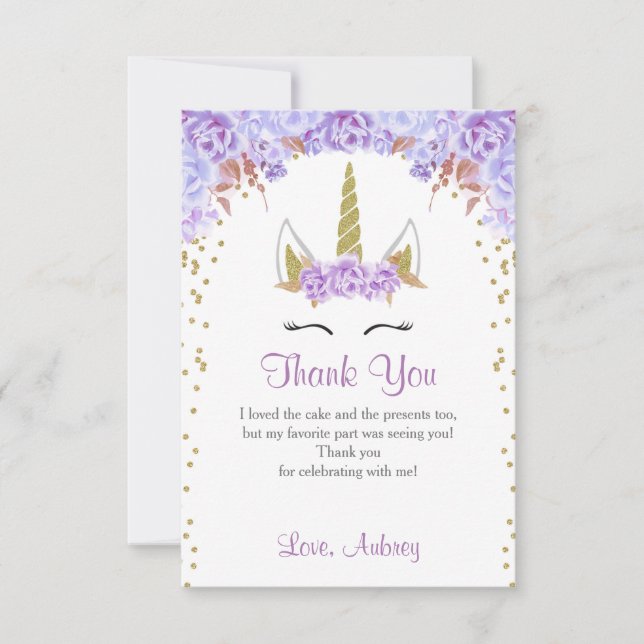 Unicorn birthday thank you card, purple and gold (Front)