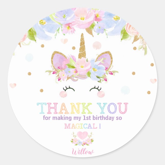 Unicorn Birthday Thank You Sticker Labels (Front)
