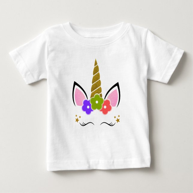 Unicorn Birthday White Gold Flowers Baby T-Shirt (Front)