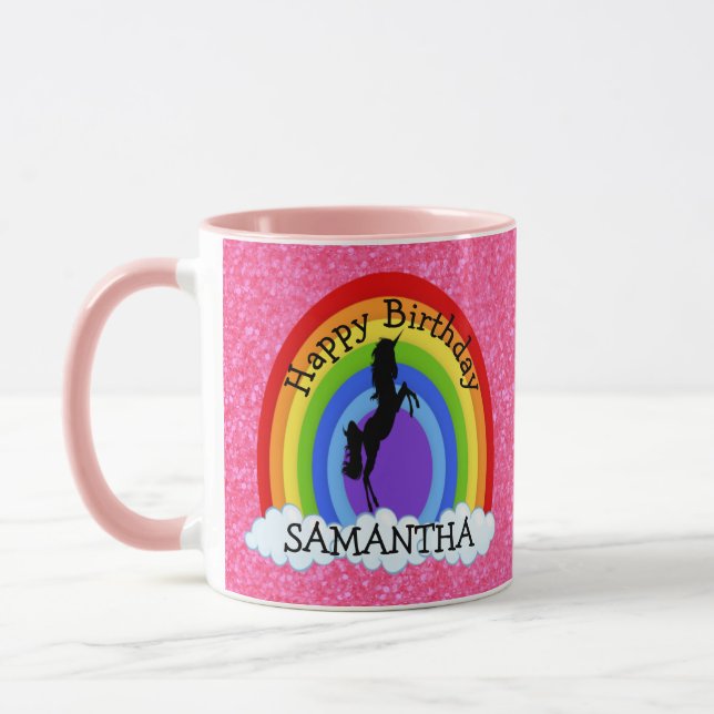 Unicorn Black Happy  BIRTHDAY Pink Glitter Mug (Left)