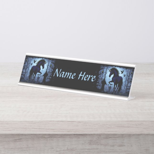 Unicorn Black Magic Fairy in Dark Forest Desk Name Plate (Front)