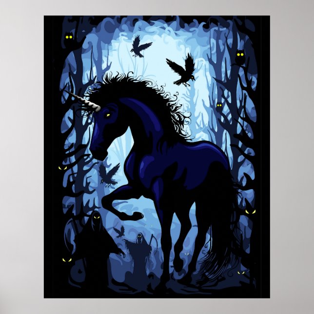 Unicorn Black Magic Fairy in Dark Forest Poster (Front)
